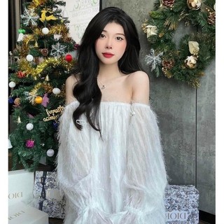 Đầm nữ baby dol thiết kế lông vũ đính nơ 2 màu cá tính