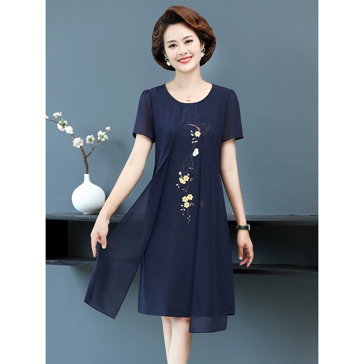 Đầm trung niên nữ ngắn tay đẹp V38 mặc dự tiệc dạ hội - Váy voan 2 lớp dáng suông cho người lớn tuổi mùa hè thu Bigsize