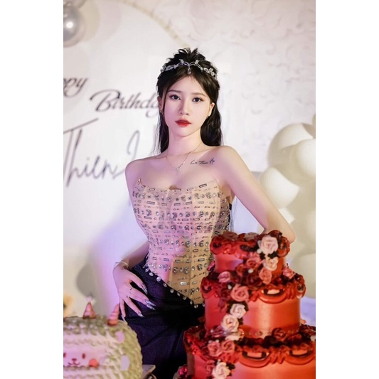 Đầm da hội kim sa đá đính đá cao cấp kem hình thật