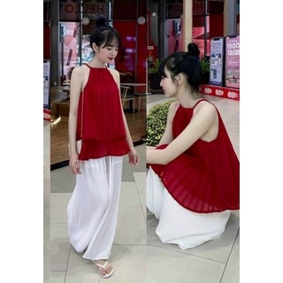 Set áo yếm dập ly kèm quần suông dài - bộ 2 món áo yếm dập ly kèm quần