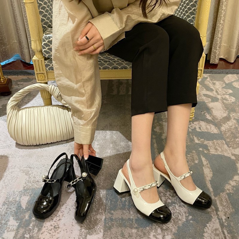 Giày cao gót,sandal cao gót nữ gót vuông 7p quai ngang phối xích cực đẹp