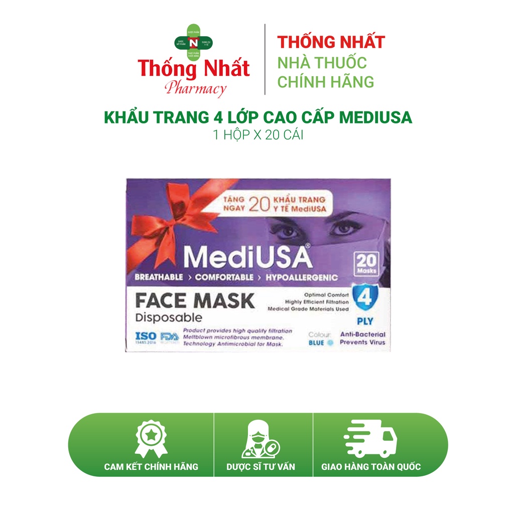 Khẩu trang 4 lớp cao cấp MediUSA hộp 20 cái