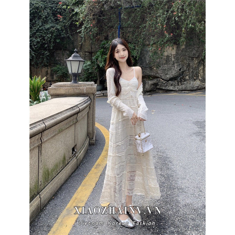 Xiaozhainv Đầm Maxi Phối Ren Phong Cách Thời Trang Hàn Quốc
