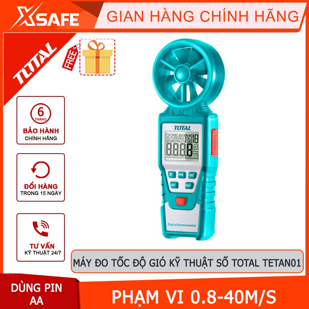 Máy đo tốc độ gió kỹ thuật số TOTAL TETAN01 Thiết bị đo tốc độ gió cầm tay có đèn nền, thông báo khi mức pin thấp