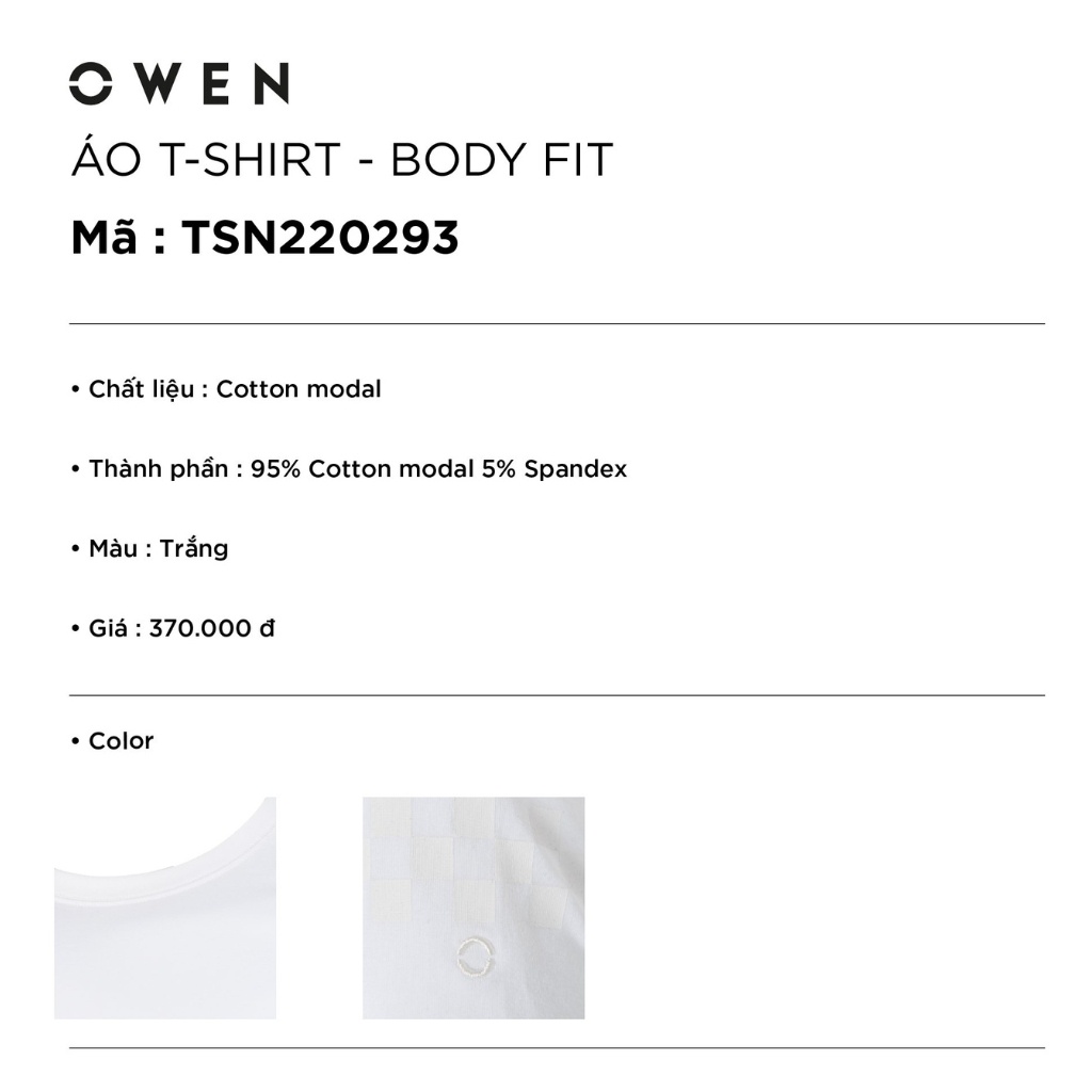 Áo thun nam ngắn tay OWEN TSN220293 phông dáng body fit cổ tròn T-shirt vải cotton modal nhẹ mát cao cấp màu trắng trơn