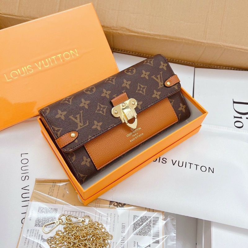 Túi ví nữ L.V kèm dây xích đeo chéo da phối màu siêu xinh size 22