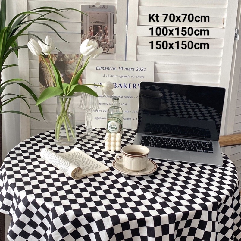 Khăn trải bàn vải flannel nhung mịn caro đen trắng phong cách Hàn Quốc trang trí trải bàn, làm thảm picnic..