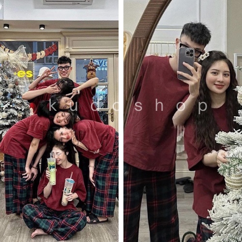 Set áo thun trơn đỏ quần kẻ bộ quần áo nam nữ 3158 oversize form rộng mùa hè 2023 KUDOSHOP