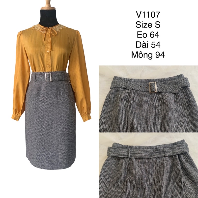 Chân váy bút chì V1107 form công sở kèm belt rời chất dạ vân xương cá 2hand Nhật si tuyển ảnh thật