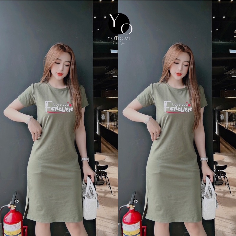 ĐẦM THUN THÁI DÁNG SUÔNG CHO NỮ TAY NGẮN CỔ TRÒN XẺ TÀ IN CHỮ FORM DƯỚI 60KG