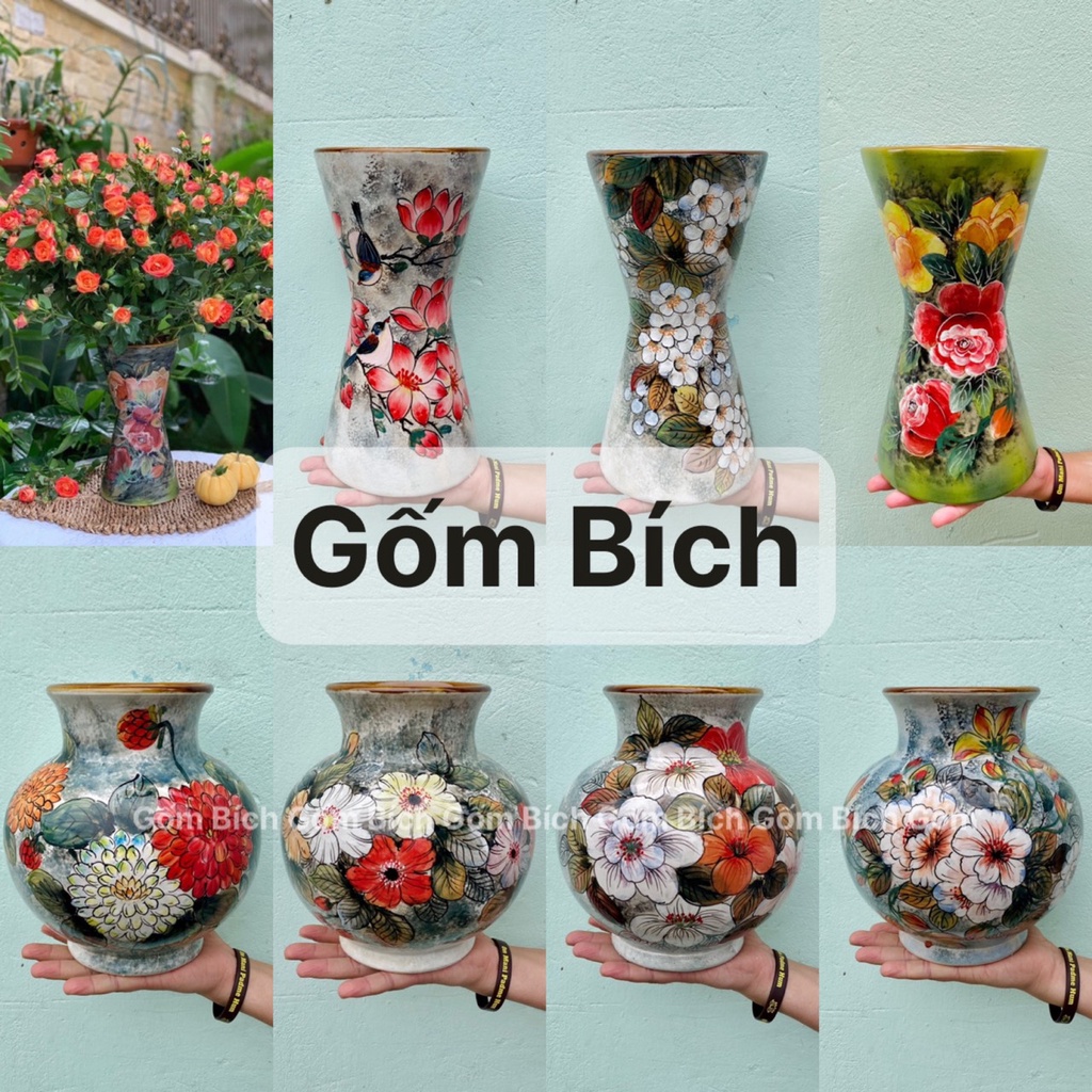 Bình Hoa Lọ Hoa Vẽ Tay Hoa Mẫu Đơn 3D Nhiều Mẫu Gốm Sứ Bát Tràng - Gốm Bích