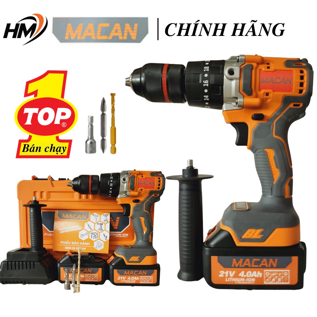 Máy Khoan Pin MACAN 3 Chức Năng 21V, Máy Khoan Từ 13ly Không Chổi Than đầu autolock