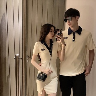  Đồ đôi nam nữ ❤️FREESHIP❤️ váy thun dạng ôm thêu hình kết hợp áo thun có cổ polo nam màu kem AV223 