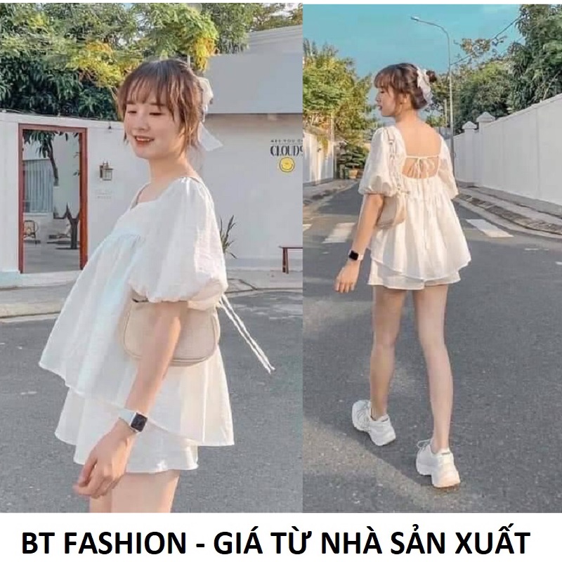 Set Bộ Voan Baby Doll Tiểu Thư Áo Tay Phồng Cột Dây Sau, Quần Đùi Có Lớp Lót- BT Fashion