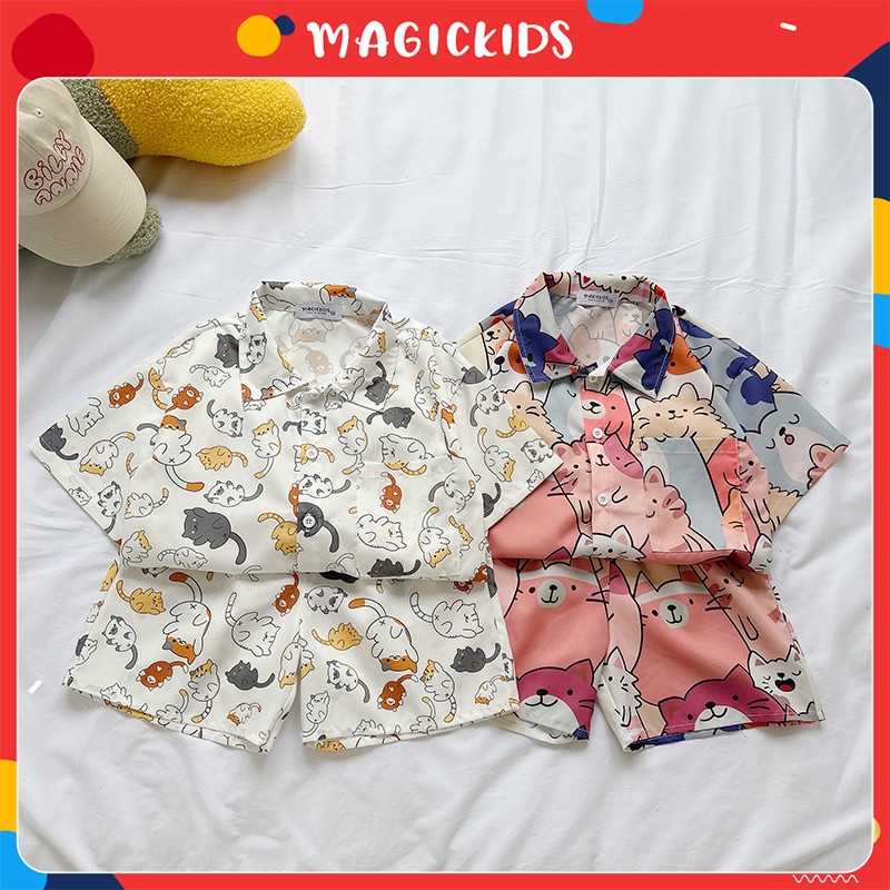 Đồ bộ bé trai bé gái cộc tay cao cấp Magickids áo sơ mi in họa tiết quần đùi Hàn Quốc Quần áo trẻ em mùa hè BR23007