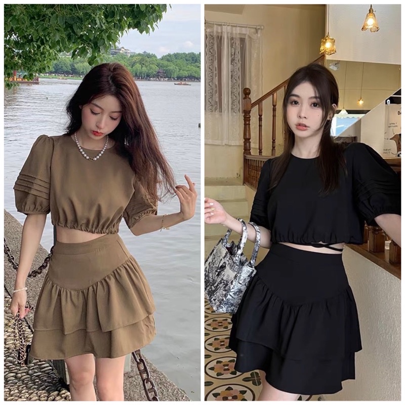 Set Áo Croptop Tay Bồng Dây Rút Eo Mix Chân Váy Tầng Xoè Tiểu Thư