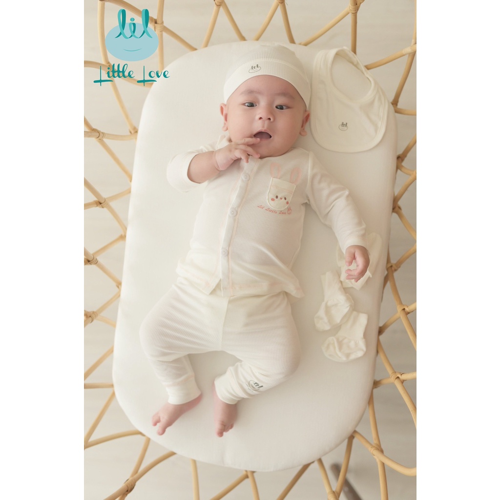 [Mã BMLT35] Bộ quần áo dài tay sơ sinh cài thẳng 2023 tăm trắng viền cho bé từ 0-6m little love (LSSCT02)