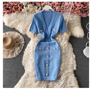 ( ORDER ) Đầm Body Len Cổ V Tay Ngắn Cúc Vàng Phong Cách Retro