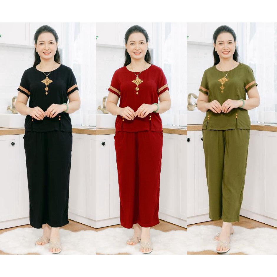 Đồ bộ mặc nhà Lanh - tole trung niên cho mẹ, quần lững, áo cộc tay thêu hoa.