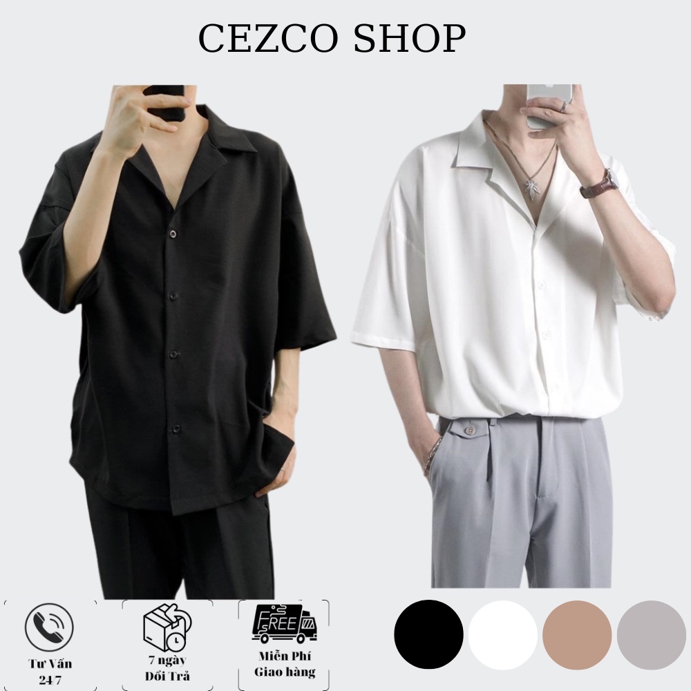 Áo Sơ Mi Nam Cổ Vest Tay Lửng Hàn Quốc form Rộng Unisex, Sơ Mi Nam Nữ Tay Lửng Vải Lụa Cao Cấp Mềm Mịn Thoáng Mát CEZCOI