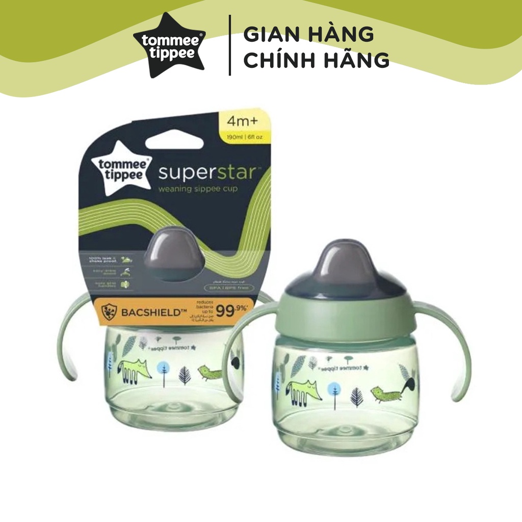 Bình tập uống nước có vòi mút kháng khuẩn chống tràn, chống sặc cho bé Tommee Tippee SuperStar, 190ml – Xanh lá