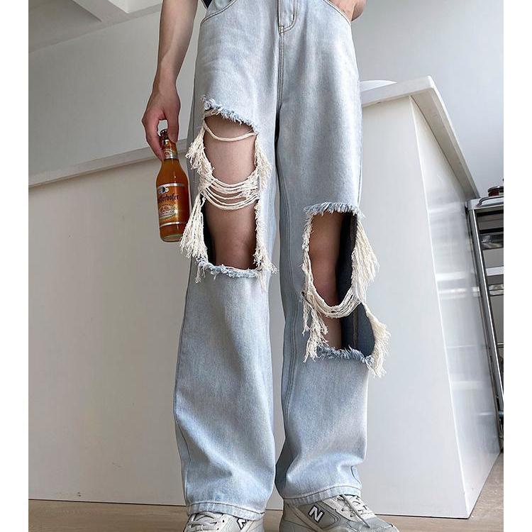 Jiashucheng Quần Jean Dài Lưng Cao Dáng Rộng Phối Rách Kiểu Retro Thời Trang Mùa Hè Cho Nữ