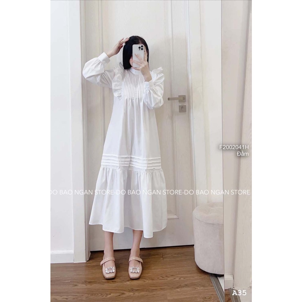 Đầm kiểu dáng dài trắng chạy xếp ly phối viền bèo hai bên vai tay dài hàng đẹp!