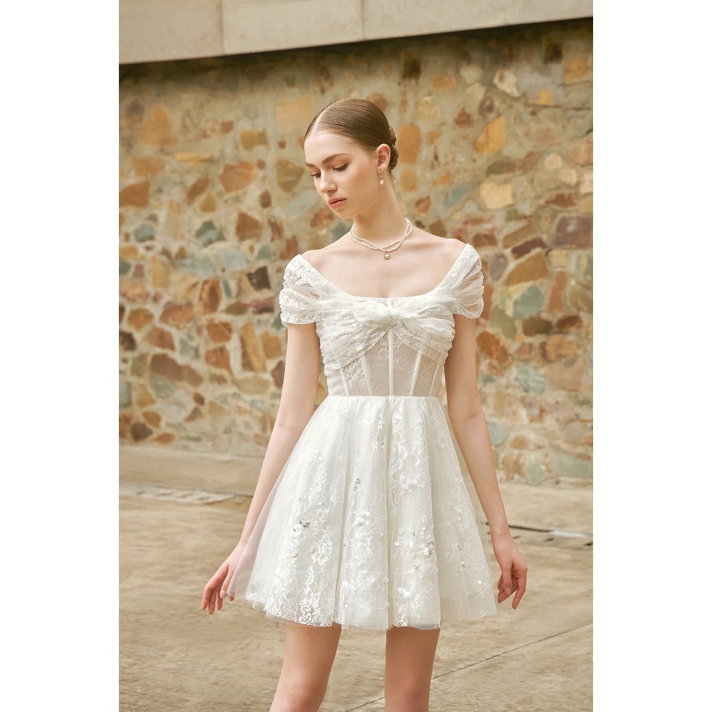 MAVEN - Váy trắng xoè phối ren đính kết Rowan Mini Dress