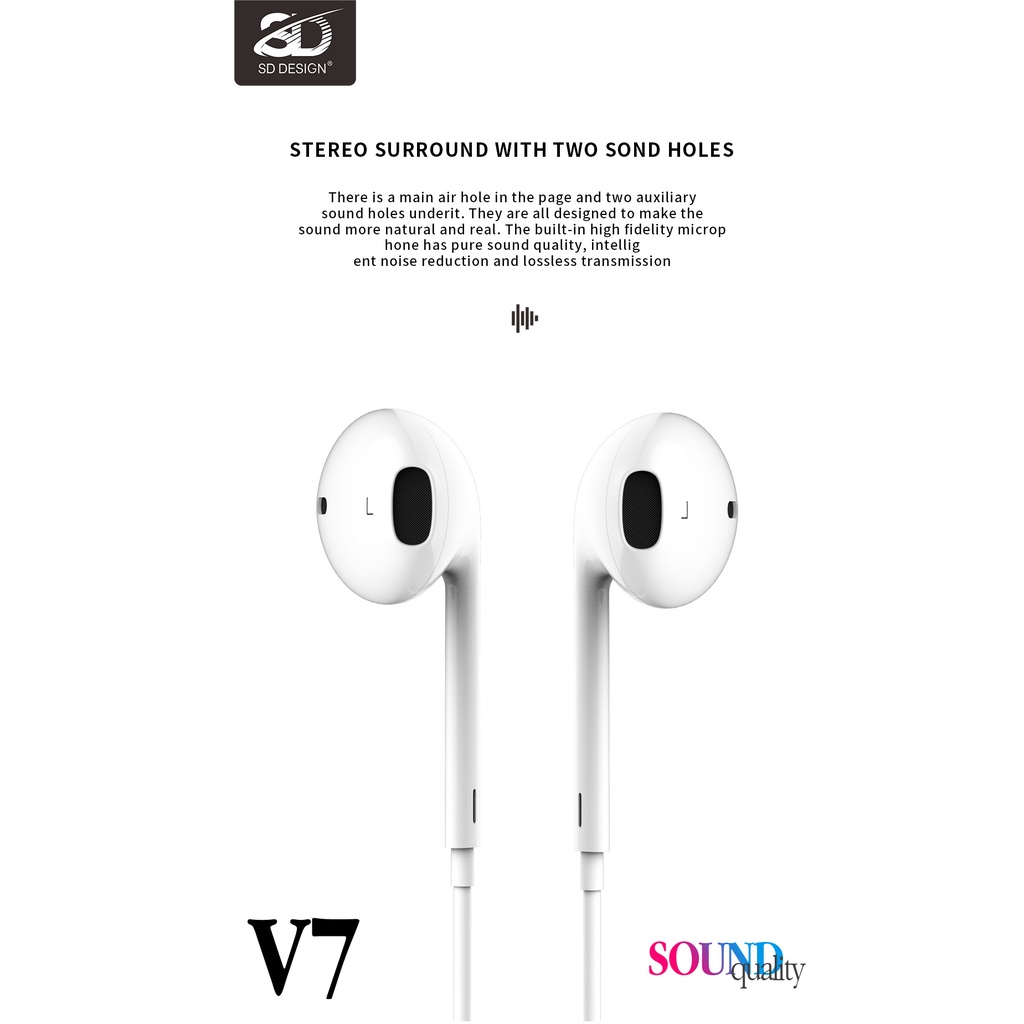 Tai nghe nhét tai SD - V7 nghe hay có mic đàm thoại, dây dài 1.2m, Jack cắm 3.5mm