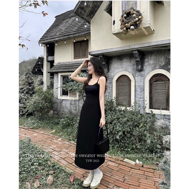 váy maxi 2 dây sợi bún dáng dài màu đen