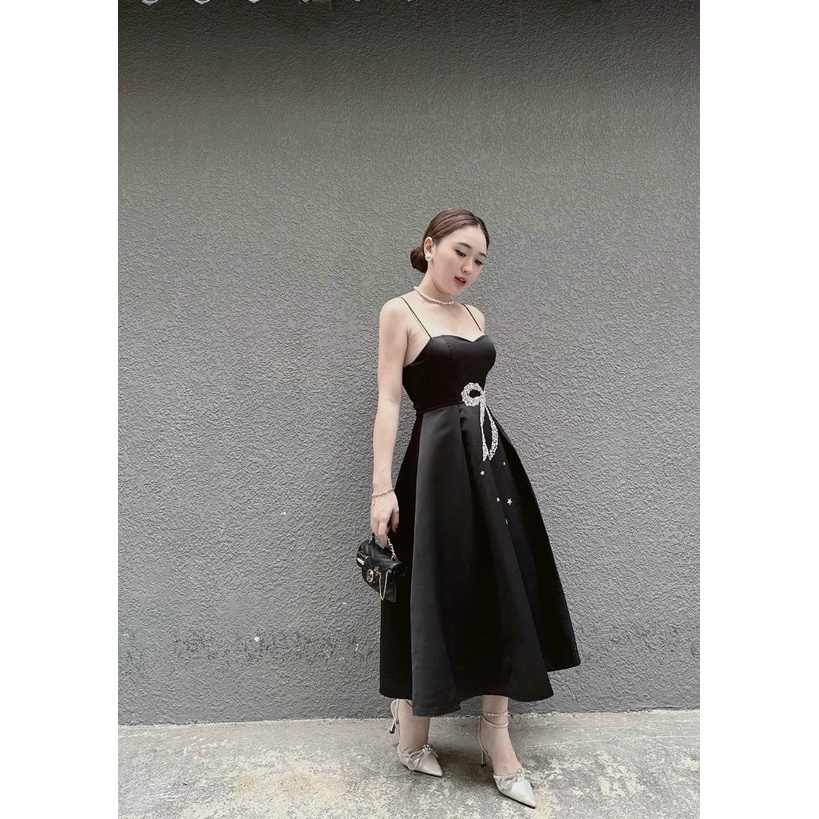 Đầm váy nữ 2 dây tapta ( có mút ngực ) dáng xòe quý phái họa tiết đính nơ kim tuyến dễ thương đi chơi dự tiệc