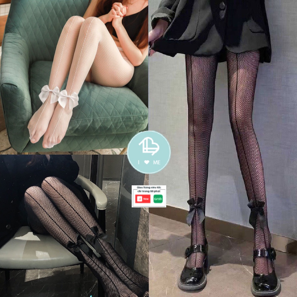 Quần tất lưới ren đính nơ 2 màu đen trắng, vớ sexy phối nơ to