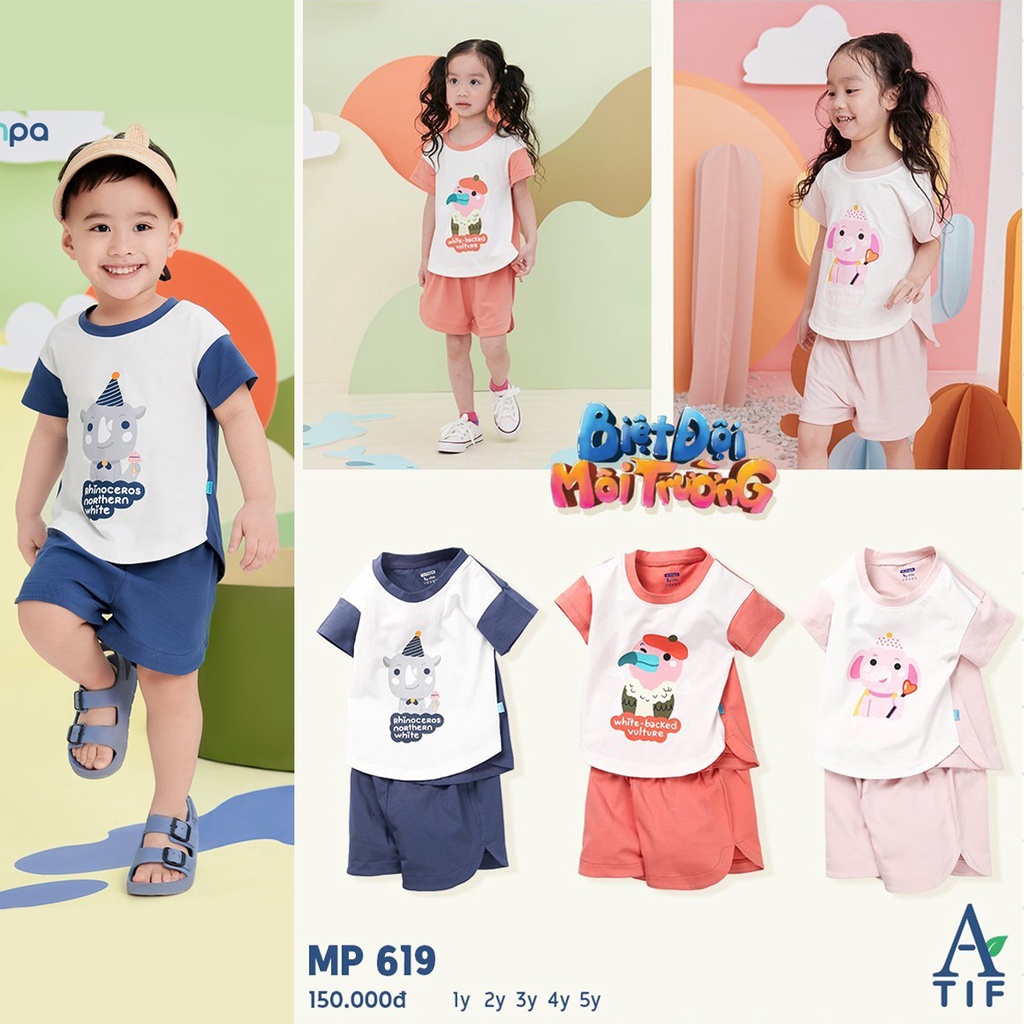 Bộ cộc tay cho bé Mompa từ 1 đến 5 tuổi vải cotton actif mới thoáng mát MP 619