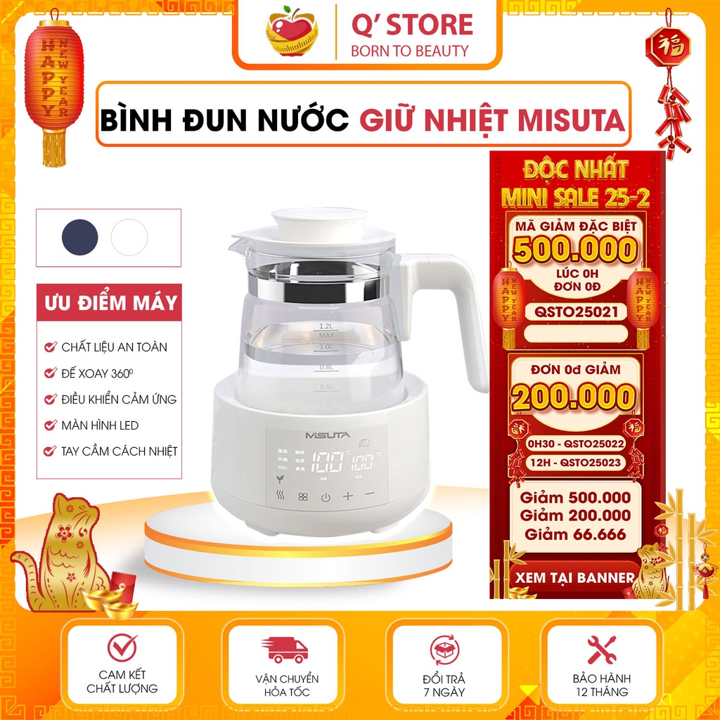 Bình Đun Nước Misuta Giữ Nhiệt 💖HOT💖 Bình Đun Nước Thông Minh, Hâm Nước Pha Sữa Bảo Hành Chính Hãng [3 Tháng]