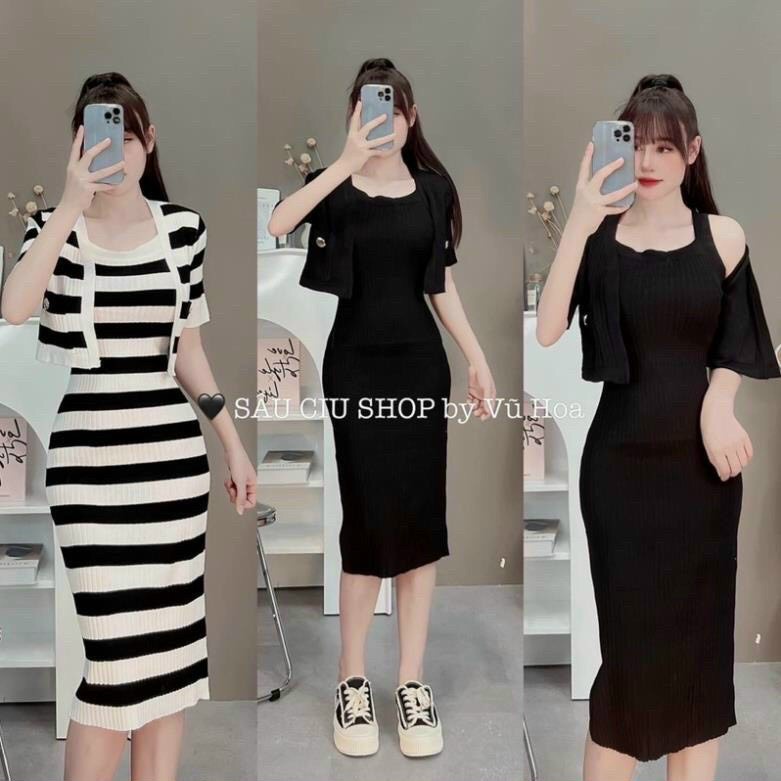 Đầm body ôm 2 dây bản to có 2 màu đen trơn , trắng sọc đen vải thun gân kèm áo khoác tay ngắn may túi mặc tôn dáng