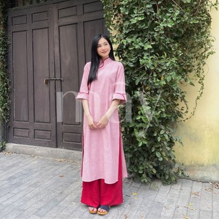 Áo Dài Từ Hoa Tủ Nhà Mây màu Hồng phối quần màu đỏ