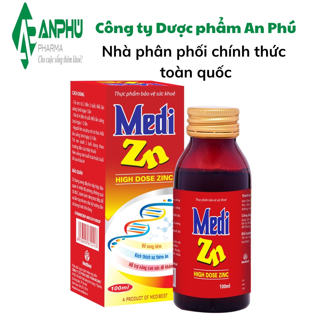 Siro Bổ Sung Kẽm Hữu cơ cho bé giúp Tăng Đề Kháng cho bé, bé hết Biếng Ăn Medi Zn (C/100ml)
