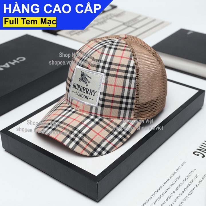 Mũ Lưỡi Trai Nón Kết Burberry Thêu Logo Vuông Phối Lưới Thoáng Mát Vải Kaki Cotton Màu Be Lưới Nâu Form Đứng Thời T