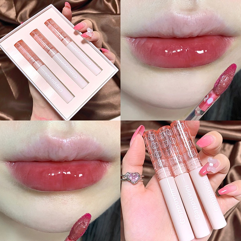 🎀 yakult 🎀3 Set Bộ Son Môi CAPPUVINI Màu Bóng Lâu Trôi Dưỡng Ẩm Cappuvini Son Tint