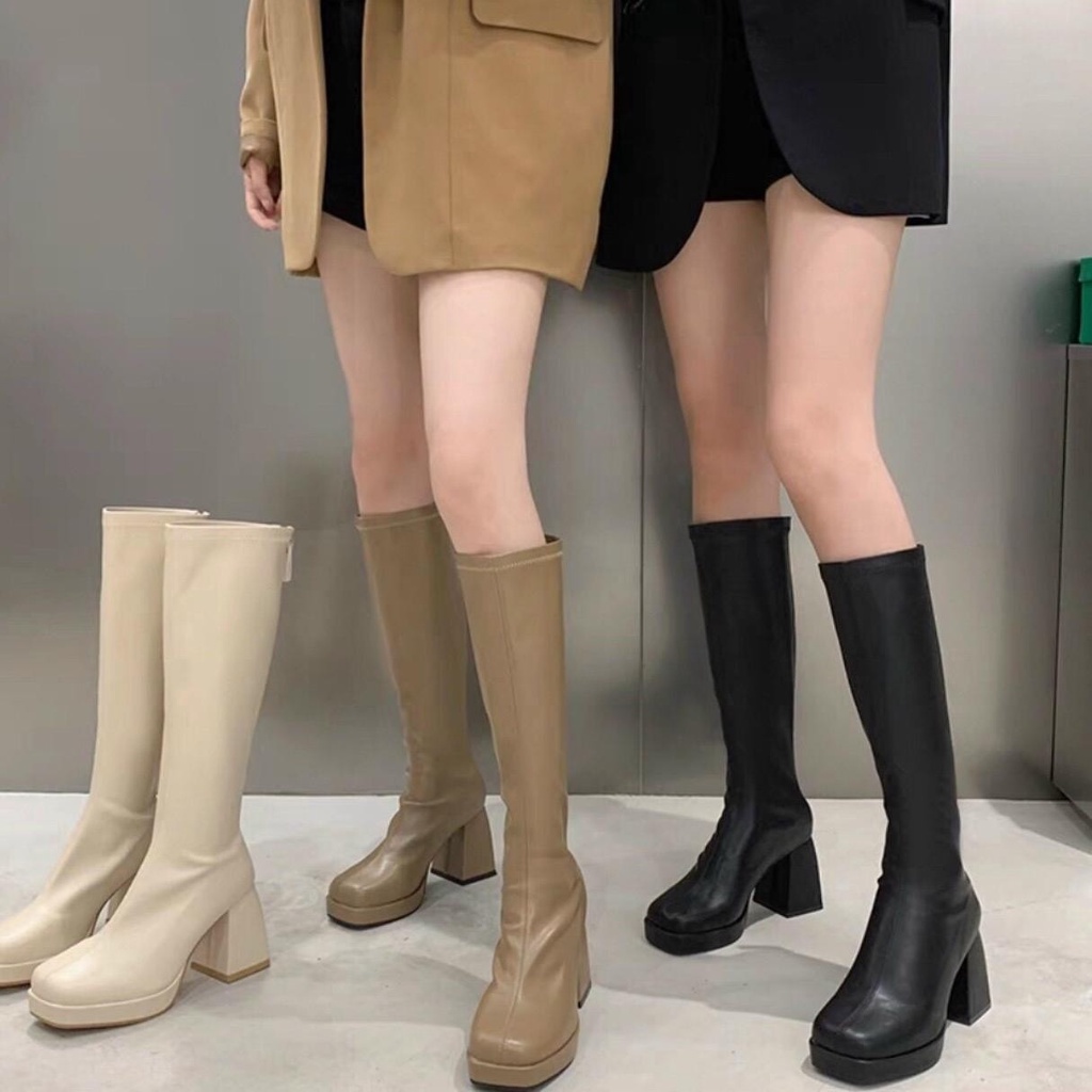 Boot Đùi Bốt Đế Kếp Da Mờ Boot Bắp Chân To Gót Vuông 8P Sang Chảnh (009 - Sẵn Hàng)