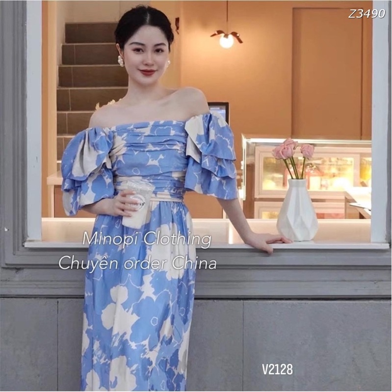 Váy trễ vai màu xanh dương nhạt tay bồng thêu hoa dáng dài !