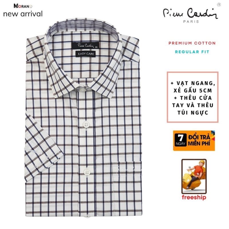 áo sơ mi nam tay ngắn Pierre cardin cao cấp công sở kẻ sọc caro chất cotton thấm mồ hôi tốt form regular fit dễ mặc.