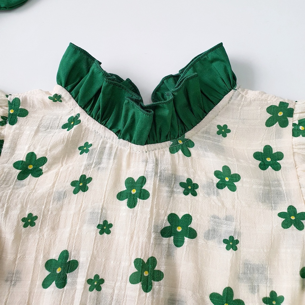 Body váy hoa nhí xanh cho bé gái sơ sinh tặng kèm turban nơ đi chơi, đi tiệc  - Riokids BD98