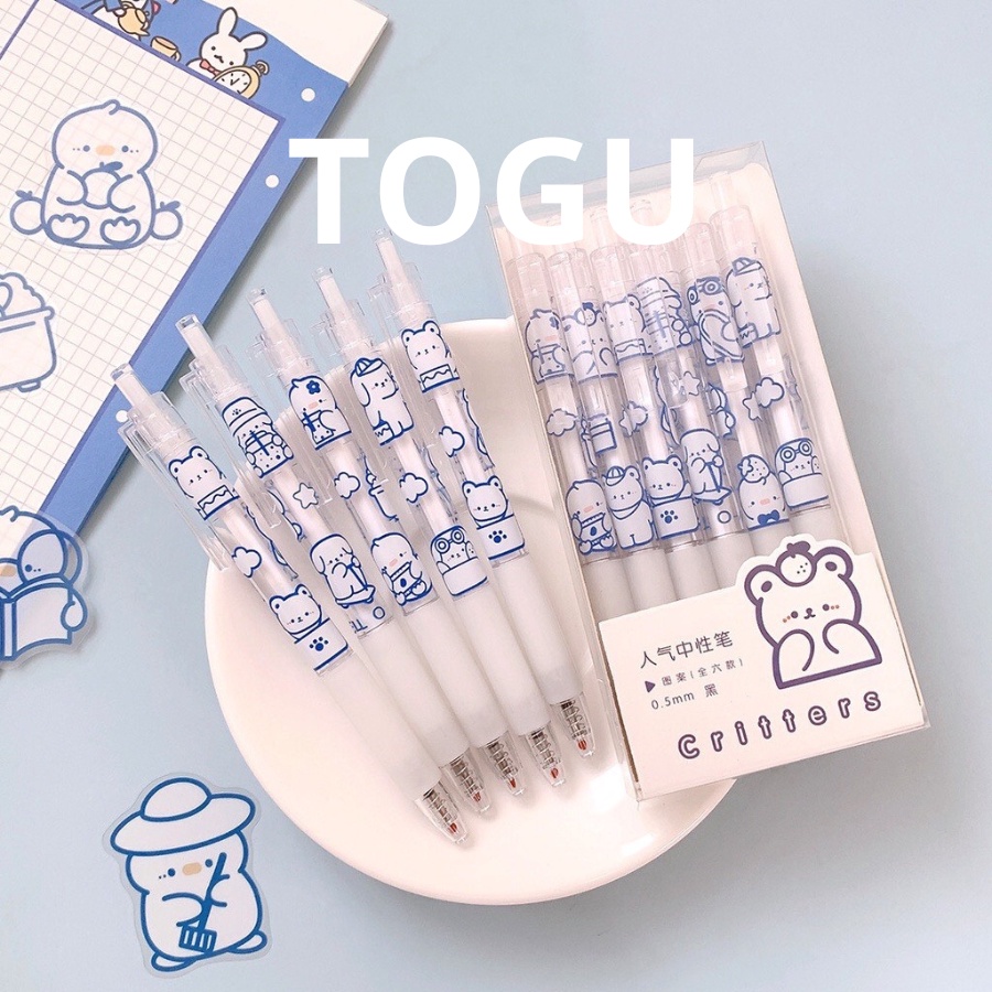 Bút bi bấm hình gấu cute TOGU bút viết trong suốt in hình sticker mực mau khô ngòi 0.5mm ruột bút dễ thay