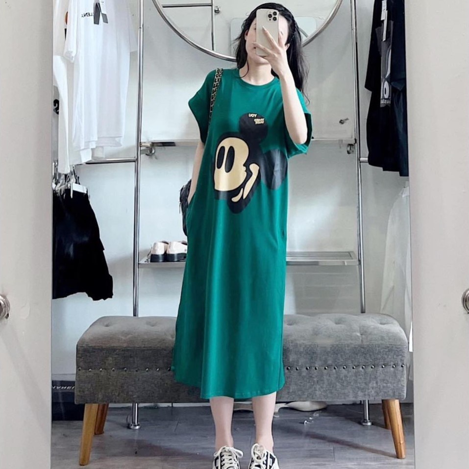 Bingshopvn Đầm suông nữ - váy suông dáng rộng cánh dơi cổ tròn túi eo in họa tiết