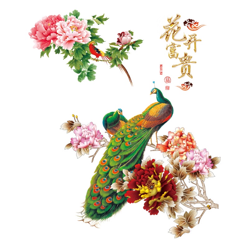Decal dán tường Chim công xanh 3D và hoa mẫu đơn
