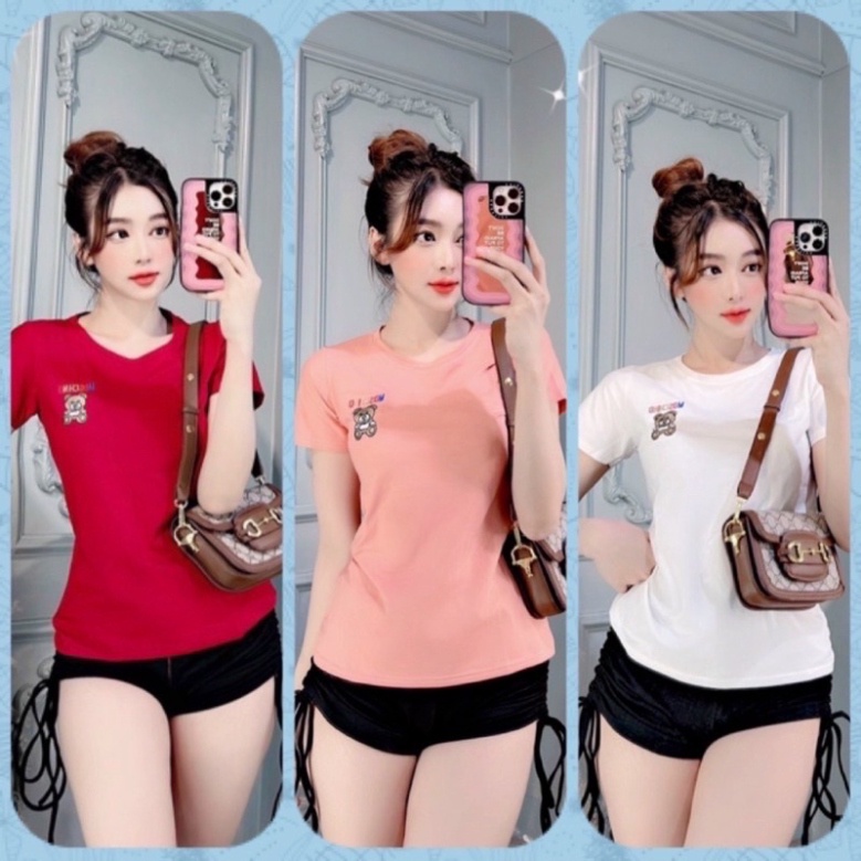 ÁO KIỂU THUN THÁI NỮ TAY NGẮN CỔ TRÒN THÊU GẤU - Hàng mới về