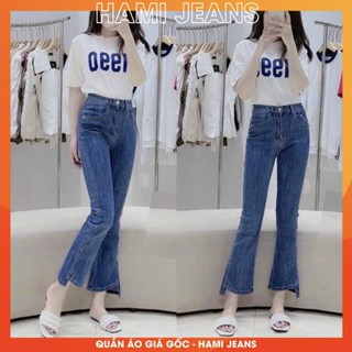 Quần jean nữ ống loe lỡ xẻ gấu quần bò loe cạp cao co giãn xẻ ống quần loe 9 tấc dài 89cm