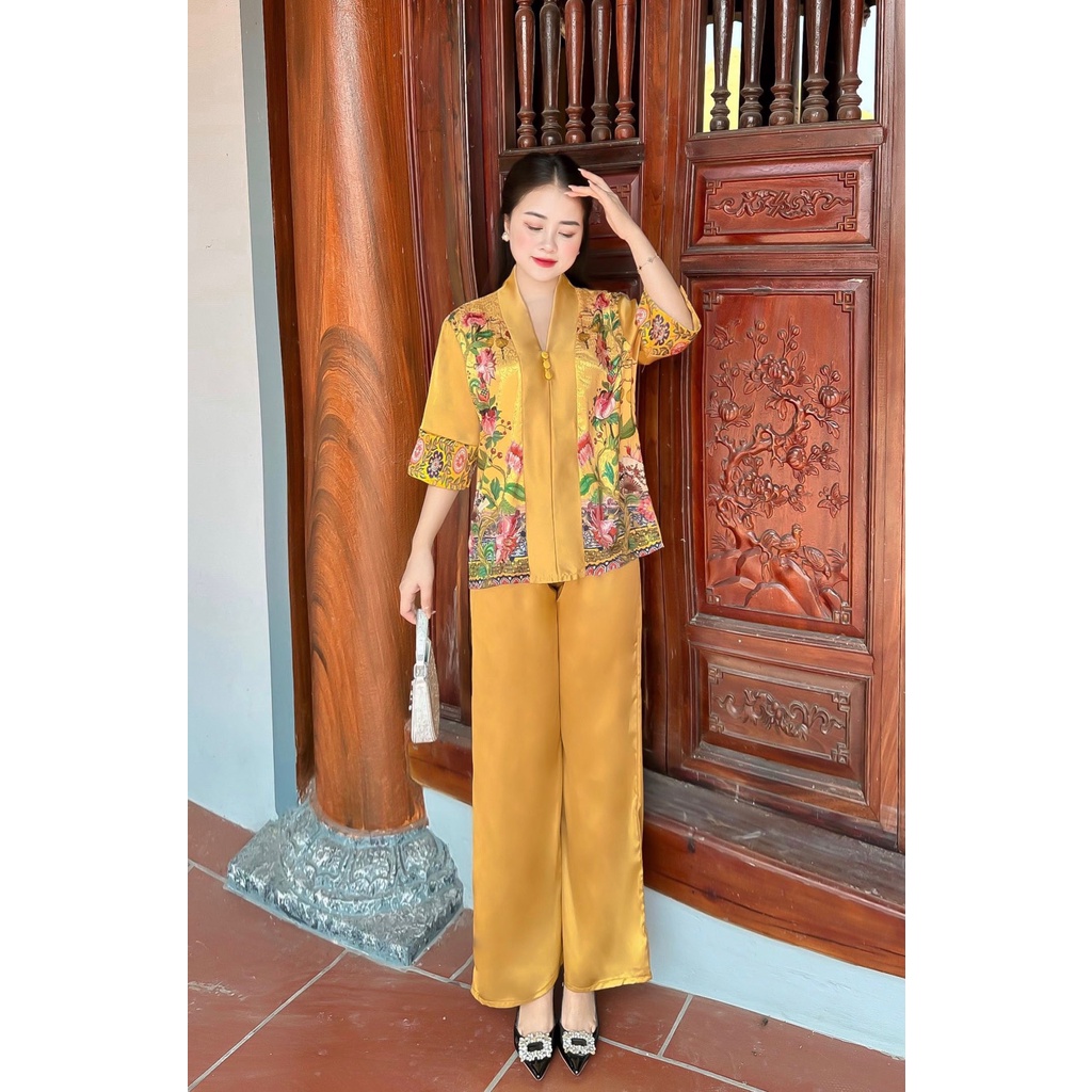 Set lam phật tử áo gẫm xước quần lụa satin