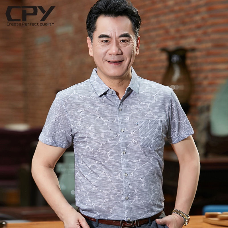 Áo sơ mi ngắn tay mùa hè của bố Quần áo nam trung niên và người già 50 tuổi và 60 tuổi